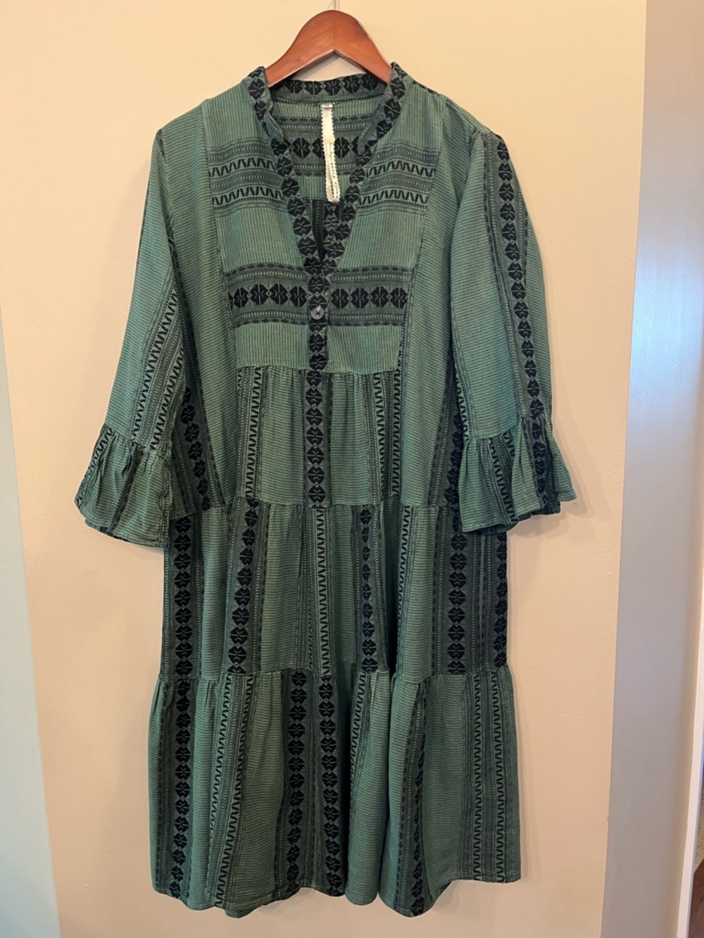 Uncle Frank embroidered tiered midi dress 3/4 sleeves cotton green M - Picture 2 of 6
